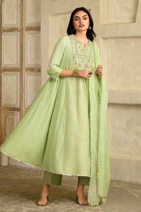Saahiil Kapoor_Green Chanderi, , Satin Tassels Embellished Pista Anarkali Set _Online_at_Aza_Fashions