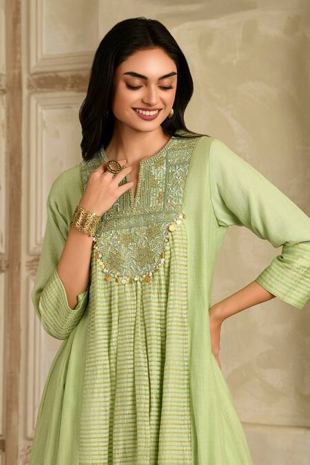 Buy_Saahiil Kapoor_Green Chanderi, , Satin Tassels Embellished Pista Anarkali Set _Online_at_Aza_Fashions