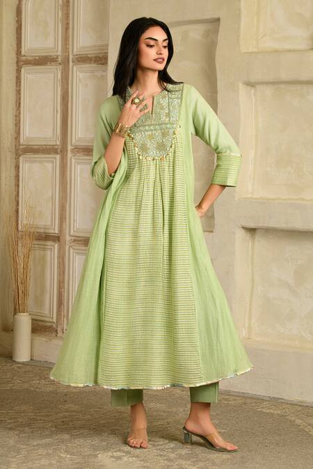 Shop_Saahiil Kapoor_Green Chanderi, , Satin Tassels Embellished Pista Anarkali Set _Online_at_Aza_Fashions