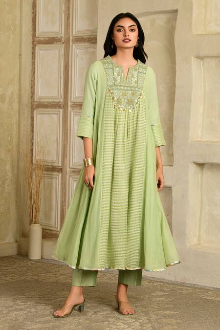 Saahiil Kapoor_Green Chanderi, , Satin Tassels Embellished Pista Anarkali Set _at_Aza_Fashions