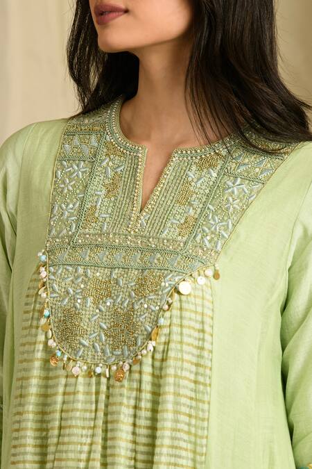 Buy_Saahiil Kapoor_Green Chanderi, , Satin Tassels Embellished Pista Anarkali Set 