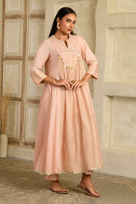 Saahiil Kapoor_Peach Chanderi Silk, , Satin, Embellished Blush Anarkali Set _Online_at_Aza_Fashions