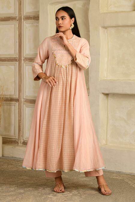 Buy_Saahiil Kapoor_Peach Chanderi Silk, , Satin, Embellished Blush Anarkali Set _Online_at_Aza_Fashions