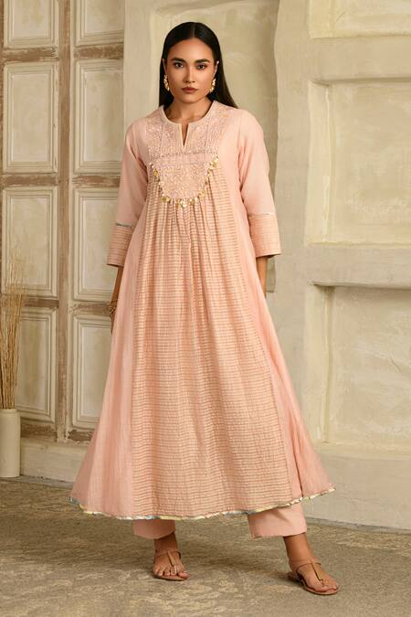 Shop_Saahiil Kapoor_Peach Chanderi Silk, , Satin, Embellished Blush Anarkali Set _Online_at_Aza_Fashions