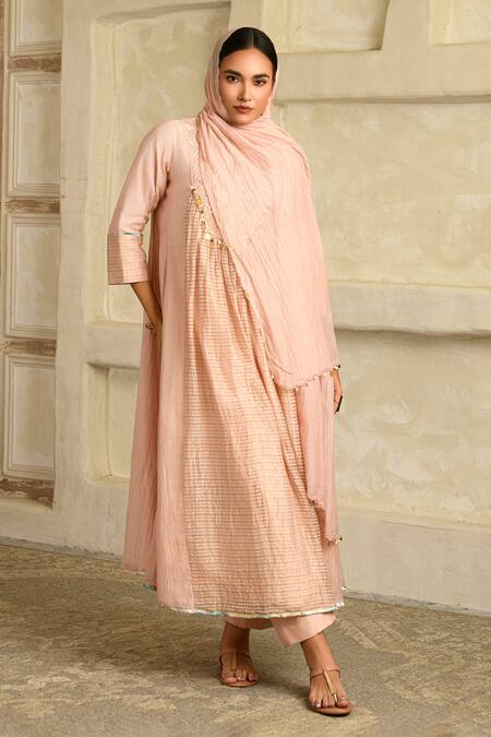 Saahiil Kapoor_Peach Chanderi Silk, , Satin, Embellished Blush Anarkali Set _at_Aza_Fashions
