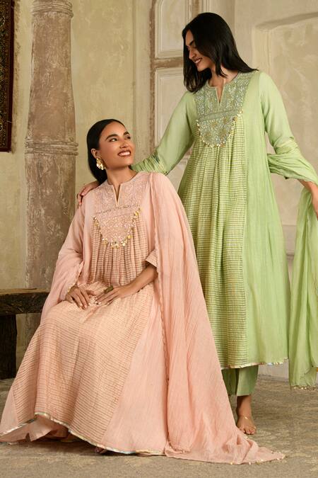 Buy_Saahiil Kapoor_Peach Chanderi Silk, , Satin, Embellished Blush Anarkali Set 