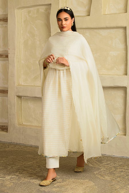 Saahiil Kapoor_Ivory Chanderi, , Satin Tassels Split Anarkali Set With Dupatta _at_Aza_Fashions