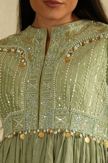 Saahiil Kapoor_Green , Cotton Tassels Embellished Pista Peplum And Garara Set _Online_at_Aza_Fashions