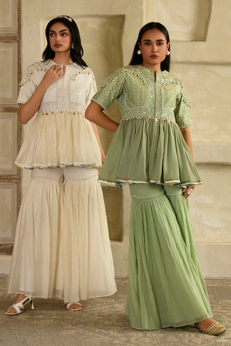 Shop_Saahiil Kapoor_Green , Cotton Tassels Embellished Pista Peplum And Garara Set _Online_at_Aza_Fashions