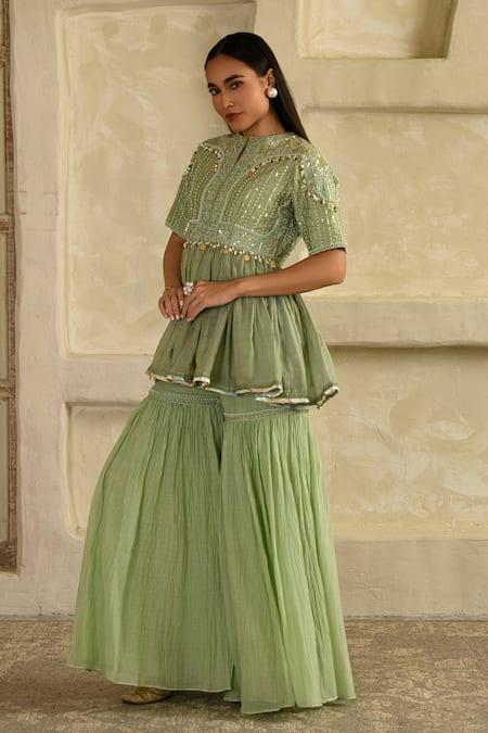 Saahiil Kapoor_Green , Cotton Tassels Embellished Pista Peplum And Garara Set _at_Aza_Fashions