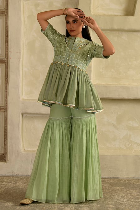 Buy_Saahiil Kapoor_Green , Cotton Tassels Embellished Pista Peplum And Garara Set 