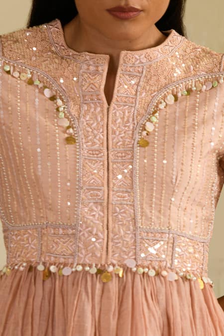 Saahiil Kapoor_Peach Chanderi Embroidery, Tassels Collared Embellished Peplum Top And Garara Set _Online_at_Aza_Fashions