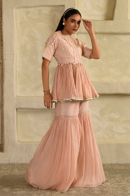 Buy_Saahiil Kapoor_Peach Chanderi Embroidery, Tassels Collared Embellished Peplum Top And Garara Set _Online_at_Aza_Fashions