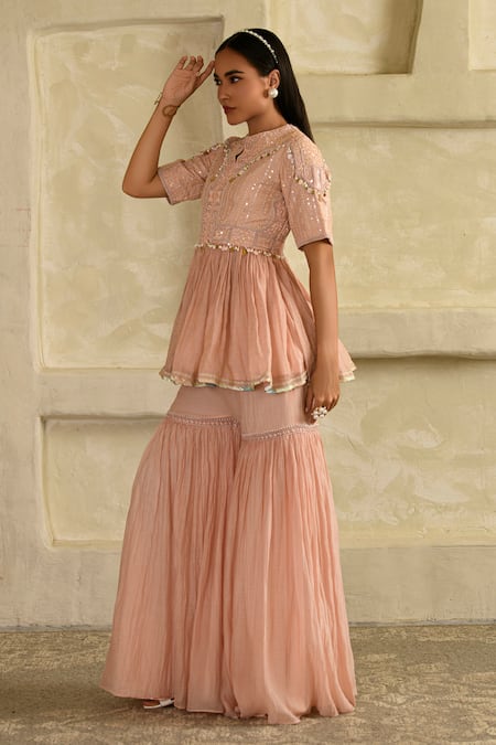 Shop_Saahiil Kapoor_Peach Chanderi Embroidery, Tassels Collared Embellished Peplum Top And Garara Set _Online_at_Aza_Fashions