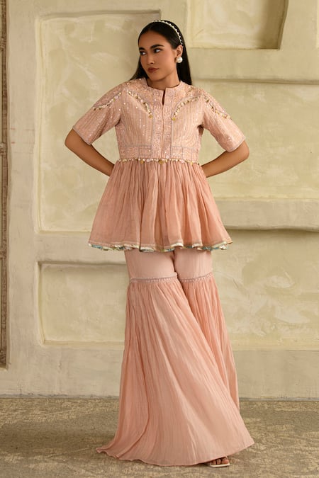 Saahiil Kapoor_Peach Chanderi Embroidery, Tassels Collared Embellished Peplum Top And Garara Set _at_Aza_Fashions
