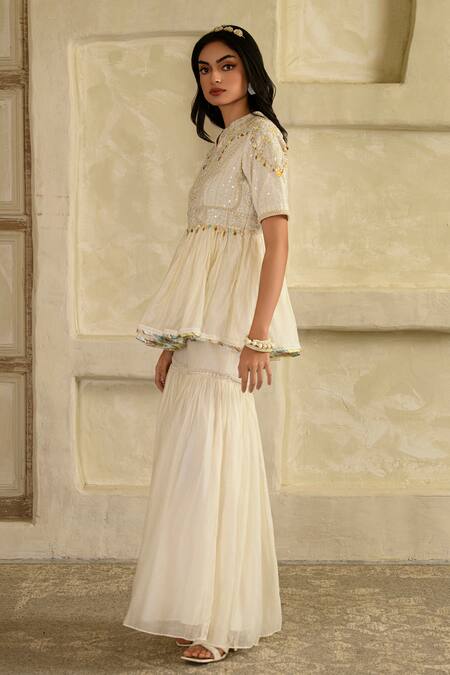 Saahiil Kapoor_Ivory Chanderi Sequins, Beads, Tassels Round Neck Embellished Peplum Kurta Set _Online_at_Aza_Fashions