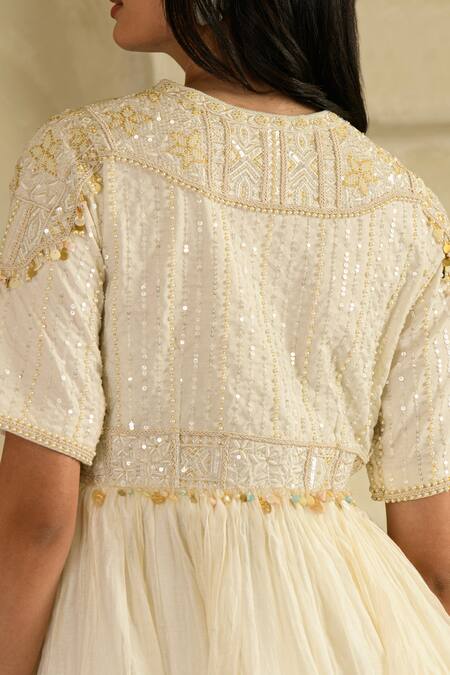 Buy_Saahiil Kapoor_Ivory Chanderi Sequins, Beads, Tassels Round Neck Embellished Peplum Kurta Set 