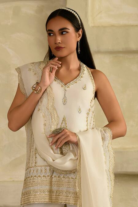 Buy_Saahiil Kapoor_Ivory Silk, Organza, Silk, Aari Hand Work Kurta Set _Online_at_Aza_Fashions