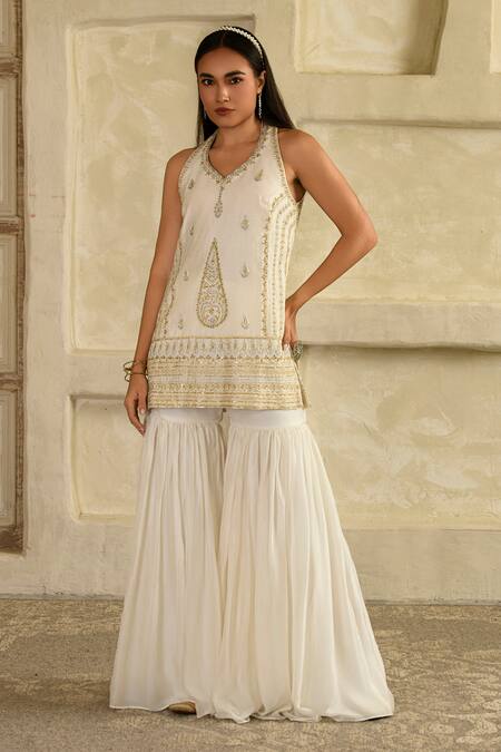 Saahiil Kapoor_Ivory Silk, Organza, Silk, Aari Hand Work Kurta Set _at_Aza_Fashions