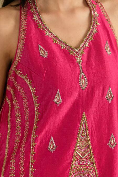 Saahiil Kapoor_Pink Chanderi Silk, Chanderi, Organza Embroidery Rani Aari Hand Work Kurta Set _Online_at_Aza_Fashions