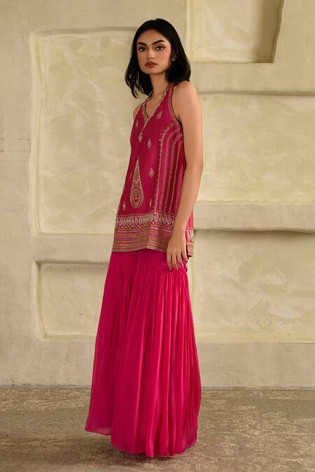 Shop_Saahiil Kapoor_Pink Chanderi Silk, Chanderi, Organza Embroidery Rani Aari Hand Work Kurta Set _Online_at_Aza_Fashions