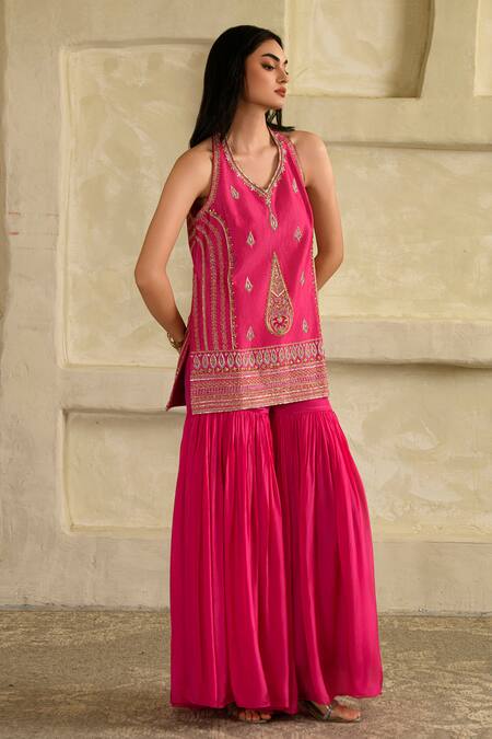 Saahiil Kapoor_Pink Chanderi Silk, Chanderi, Organza Embroidery Rani Aari Hand Work Kurta Set _at_Aza_Fashions