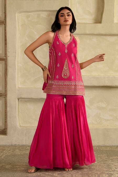 Buy_Saahiil Kapoor_Pink Chanderi Silk, Chanderi, Organza Embroidery Rani Aari Hand Work Kurta Set 