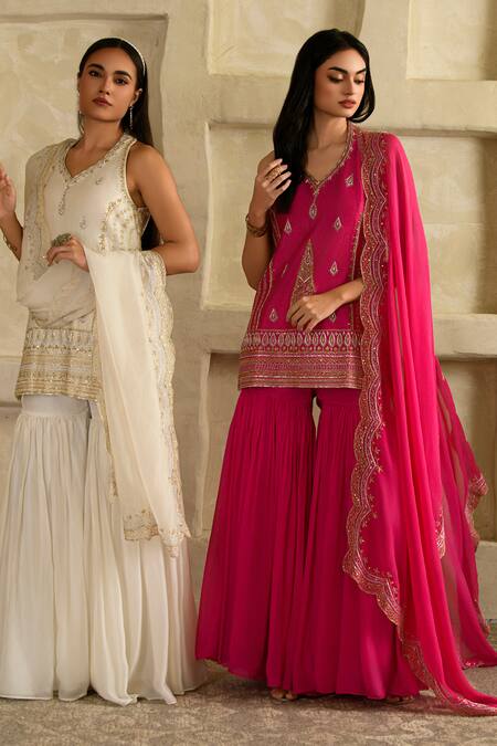 Shop_Saahiil Kapoor_Pink Chanderi Silk, Chanderi, Organza Embroidery Rani Aari Hand Work Kurta Set 