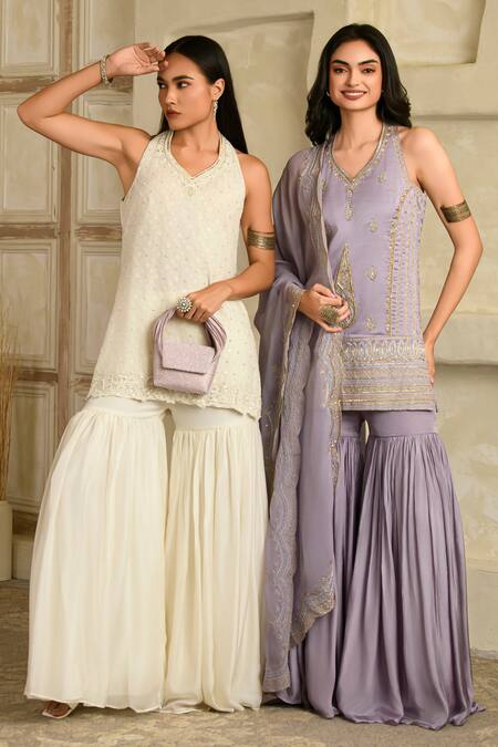 Saahiil Kapoor_Ivory Chanderi, Organza Embroidery, Sequins Halter Neck Kurta Set _at_Aza_Fashions