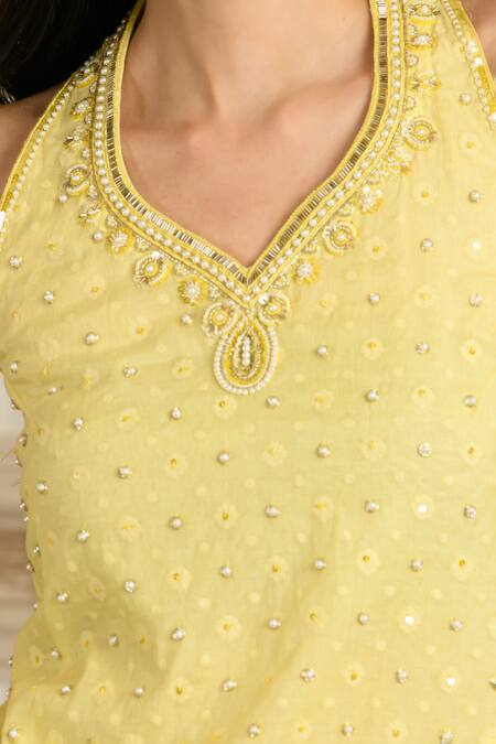 Buy_Saahiil Kapoor_Yellow Chanderi, Organza Embroidery Halter Neck Hand Kurta Set _Online_at_Aza_Fashions
