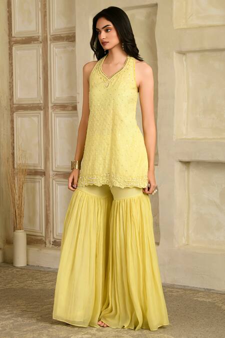 Shop_Saahiil Kapoor_Yellow Chanderi, Organza Embroidery Halter Neck Hand Kurta Set _Online_at_Aza_Fashions