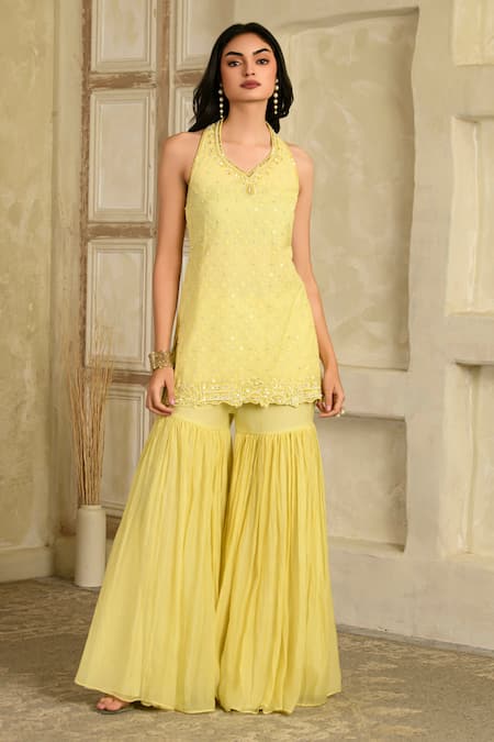 Buy_Saahiil Kapoor_Yellow Chanderi, Organza Embroidery Halter Neck Hand Kurta Set 