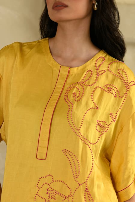 Buy_Saahiil Kapoor_Yellow Linen, Satin Beads, Embroidery Open Neck Surajmukhi Co-ord Set _Online_at_Aza_Fashions