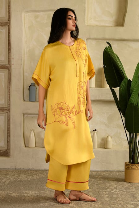 Shop_Saahiil Kapoor_Yellow Linen, Satin Beads, Embroidery Open Neck Surajmukhi Co-ord Set _Online_at_Aza_Fashions