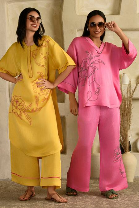 Buy_Saahiil Kapoor_Yellow Linen, Satin Beads, Embroidery Open Neck Surajmukhi Co-ord Set 