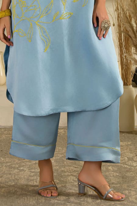 Shop_Saahiil Kapoor_Blue Linen, Satin Beads, Embroidery Split V-neck Aasmani Hand Co-ord Set _Online_at_Aza_Fashions