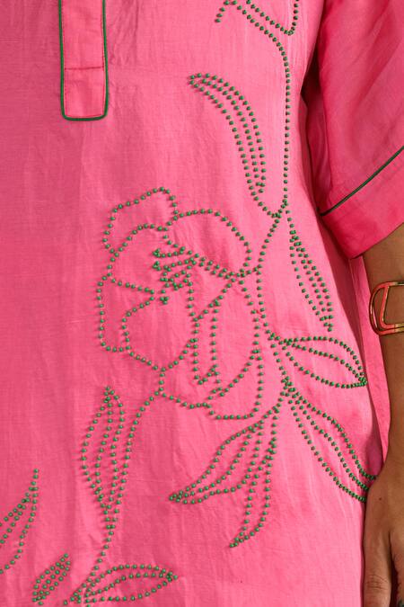 Saahiil Kapoor_Pink Linen, Satin Embroidery, Beads Round Neck Hand Sharbati Kurta Set _at_Aza_Fashions