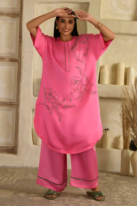 Buy_Saahiil Kapoor_Pink Linen, Satin Embroidery, Beads Round Neck Hand Sharbati Kurta Set 