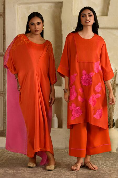 Shop_Saahiil Kapoor_Orange Cotton, Silk Beads Round Neck Colorblock Kaftan _Online_at_Aza_Fashions