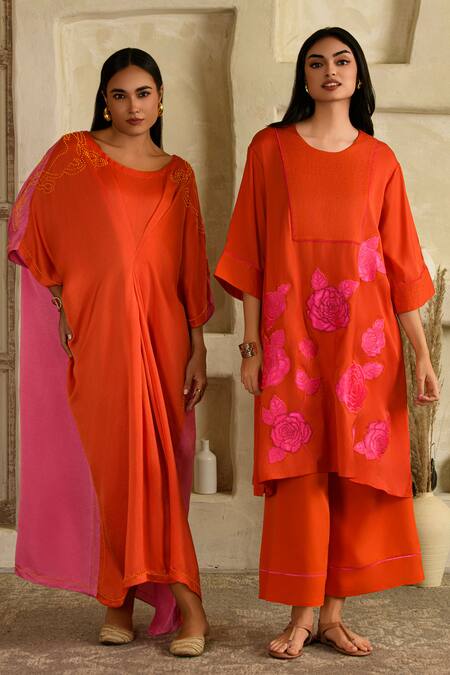 Saahiil Kapoor Orange Twill, Satin Embroidery Round Neck Flower Applique Kurta Set Online at Aza Fashions Saahiil Kapoor_Orange Twill, Satin Embroidery Round Neck Flower Applique Kurta Set _Online_at_Aza_Fashions