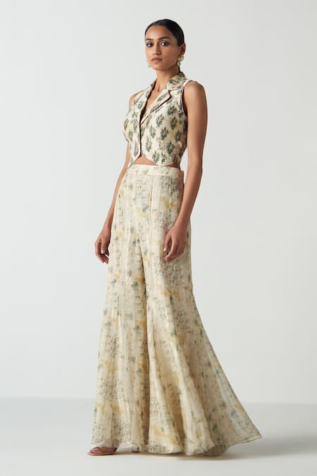 Studio Bagechaa_Beige Chanderi, Cotton Tassels Collared Gilet Sharara Set _Online_at_Aza_Fashions