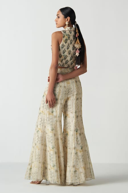 Shop_Studio Bagechaa_Beige Chanderi, Cotton Tassels Collared Gilet Sharara Set _at_Aza_Fashions