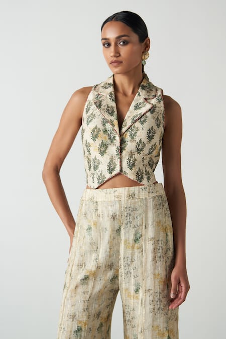 Shop_Studio Bagechaa_Beige Chanderi, Cotton Tassels Collared Gilet Sharara Set _Online_at_Aza_Fashions