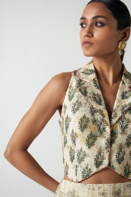 Studio Bagechaa_Beige Chanderi, Cotton Tassels Collared Gilet Sharara Set _at_Aza_Fashions