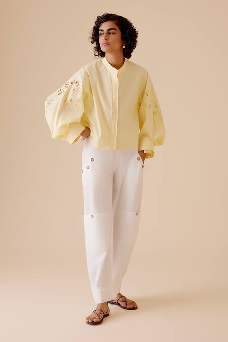 Bunka Yellow Cut Work Mandarin Collar Floral Shirt Online at Aza Fashions Bunka_Yellow Cut Work Mandarin Collar Floral Shirt _Online_at_Aza_Fashions
