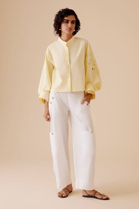 Buy Bunka Yellow Cut Work Mandarin Collar Floral Shirt Online at Aza Fashions Buy_Bunka_Yellow Cut Work Mandarin Collar Floral Shirt _Online_at_Aza_Fashions