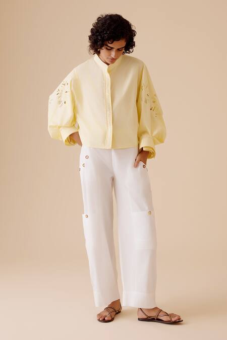 Shop Bunka Yellow Cut Work Mandarin Collar Floral Shirt Online at Aza Fashions Shop_Bunka_Yellow Cut Work Mandarin Collar Floral Shirt _Online_at_Aza_Fashions
