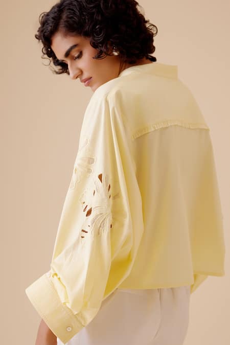 Shop Bunka Yellow Cut Work Mandarin Collar Floral Shirt at Aza Fashions Shop_Bunka_Yellow Cut Work Mandarin Collar Floral Shirt _at_Aza_Fashions