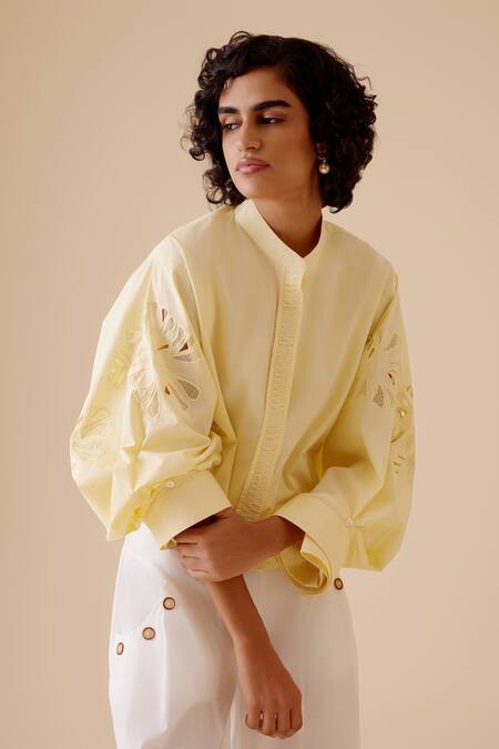 Bunka Yellow Cut Work Mandarin Collar Floral Shirt at Aza Fashions Bunka_Yellow Cut Work Mandarin Collar Floral Shirt _at_Aza_Fashions