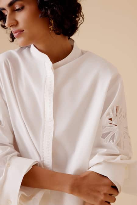 Buy Bunka White Cut Work Mandarin Collar Eclectic Sleeve Cotton Shirt Online at Aza Fashions Buy_Bunka_White Cut Work Mandarin Collar Eclectic Sleeve Cotton Shirt _Online_at_Aza_Fashions